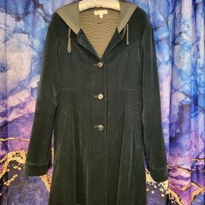 Margaret O'Leary Green Crushed Velvet Trench Coat with Hood